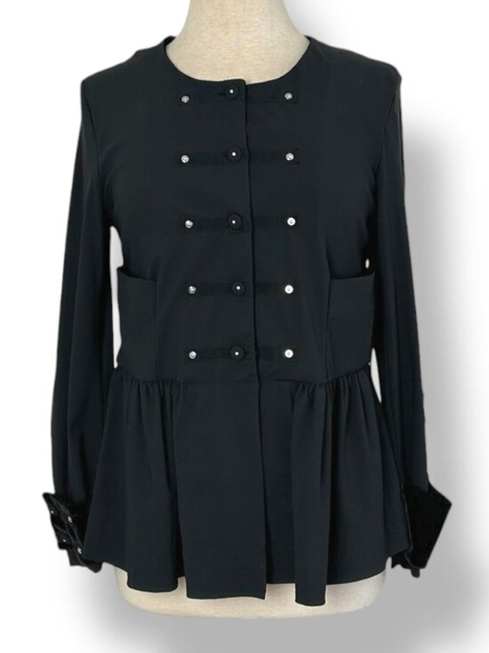 Indies Black Lightweight Military Top Jacket Napoleon Velvet Trim Peplum Sz 40,M